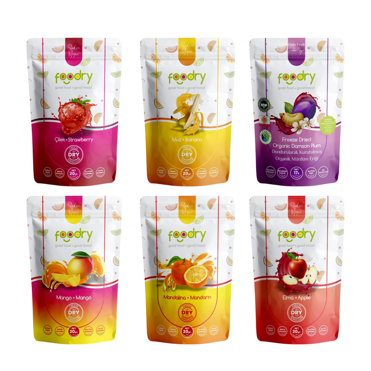6-Pack Dried Organic Plum - Apple - Strawberry - Tangerine - Banana - Mango