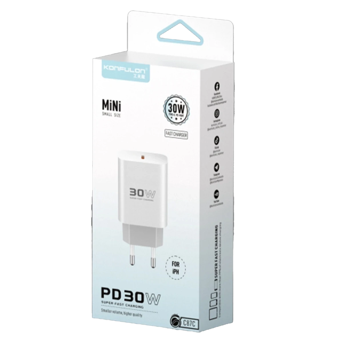 konfulon-c87c-30w-type-c-cikisli-ekstra-dl50-type-c-to-lightning-kablolu-pd-sarj-cihazi-beyaz-square-3 Konfulon C87C 30W Type-C Output with Extra DL50 1M Type-C to Lightning Cable PD Charger - White
