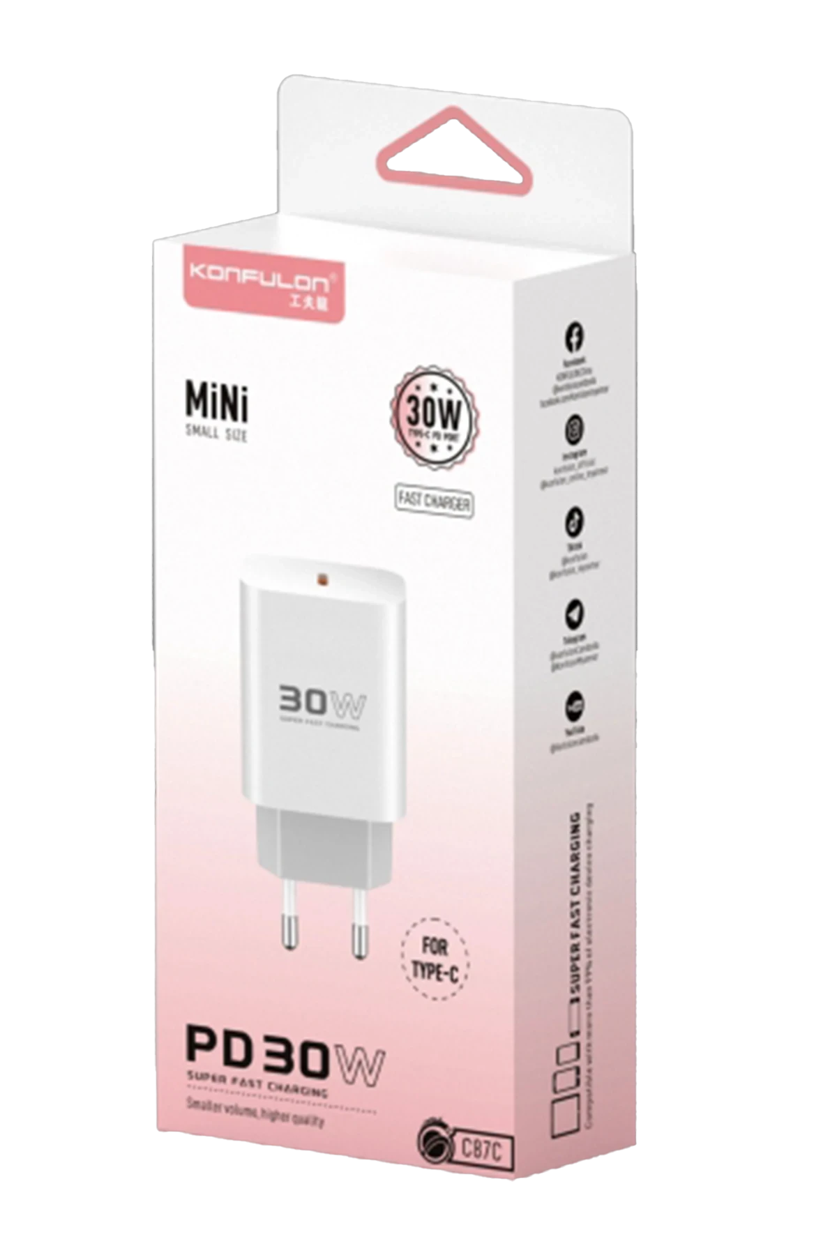 konfulon-c87c-30w-type-c-cikisli-ekstra-dl51-type-c-to-type-c-kablolu-pd-sarj-cihazi-beyaz-default-3 Konfulon C87C 30W Type-C Output with Extra DL51 1M Type-C to Type-C Cable PD Charger - White