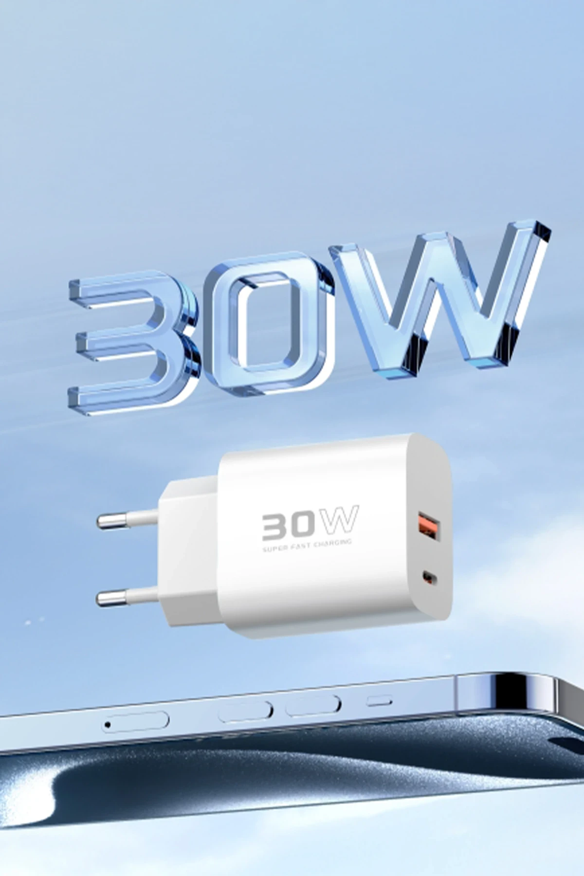 Konfulon C89Q PD Charger with 1 x 30W Type-C and 1 x 22.5W USB Output, Plus an Extra DL48 1M USB to Lightning Cable - White