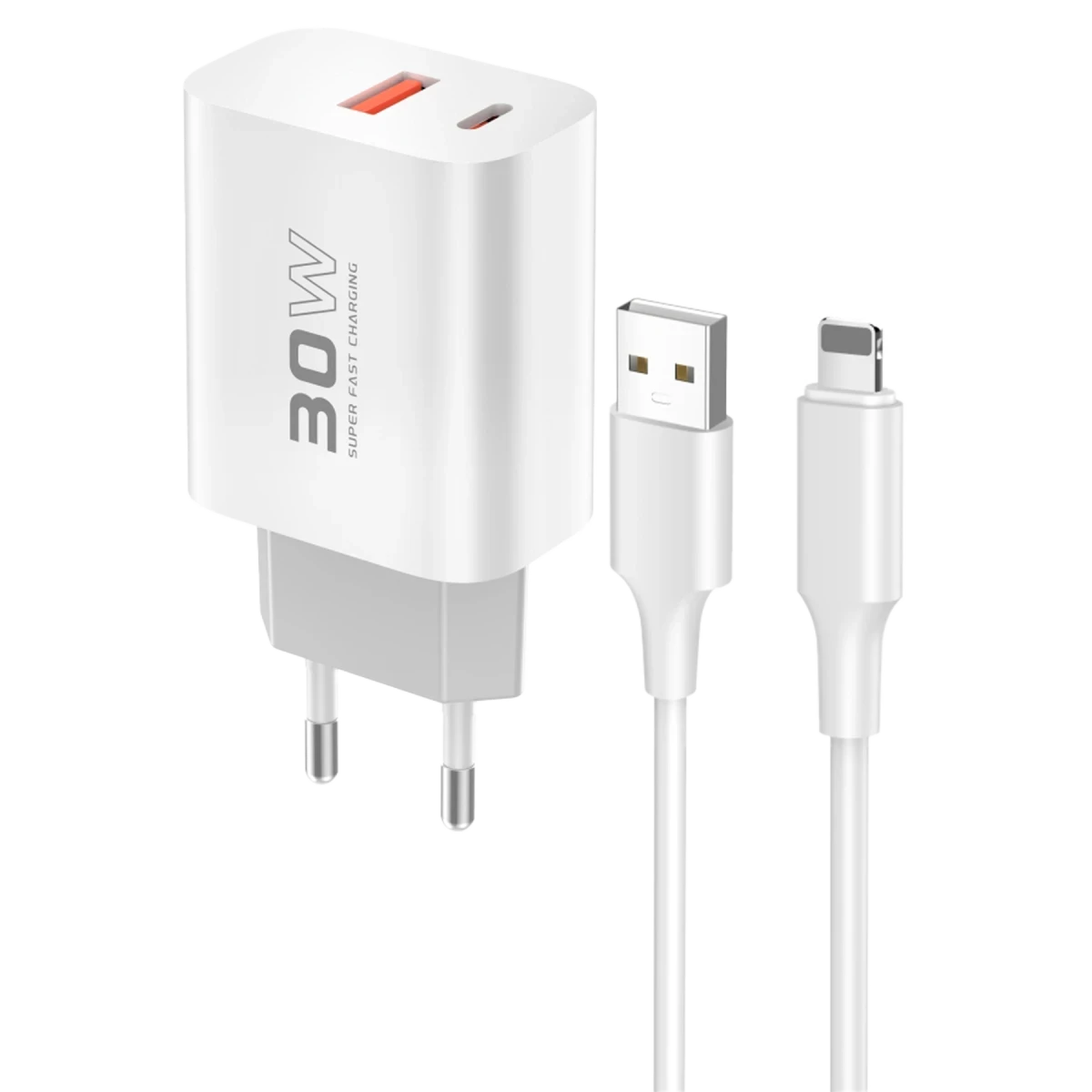 Konfulon C89Q PD Charger with 1 x 30W Type-C and 1 x 22.5W USB Output, Plus an Extra DL48 1M USB to Lightning Cable - White