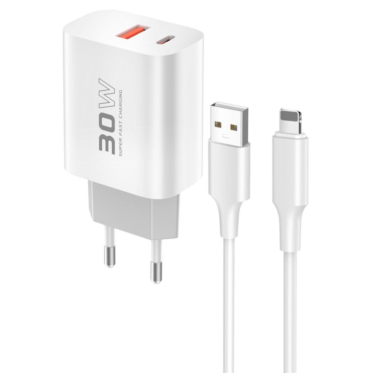 Konfulon C89Q PD Charger with 1 x 30W Type-C and 1 x 22.5W USB Output, Plus an Extra DL48 1M USB to Lightning Cable - White