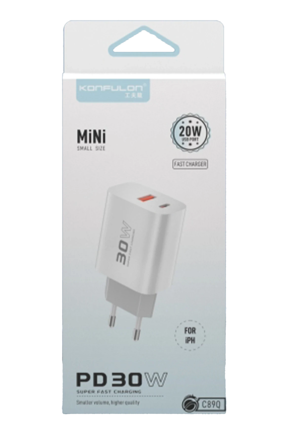 Konfulon C89Q PD Charger with 1 x 30W Type-C and 1 x 22.5W USB Output, Plus an Extra DL49 1M USB to Type-C Cable - White