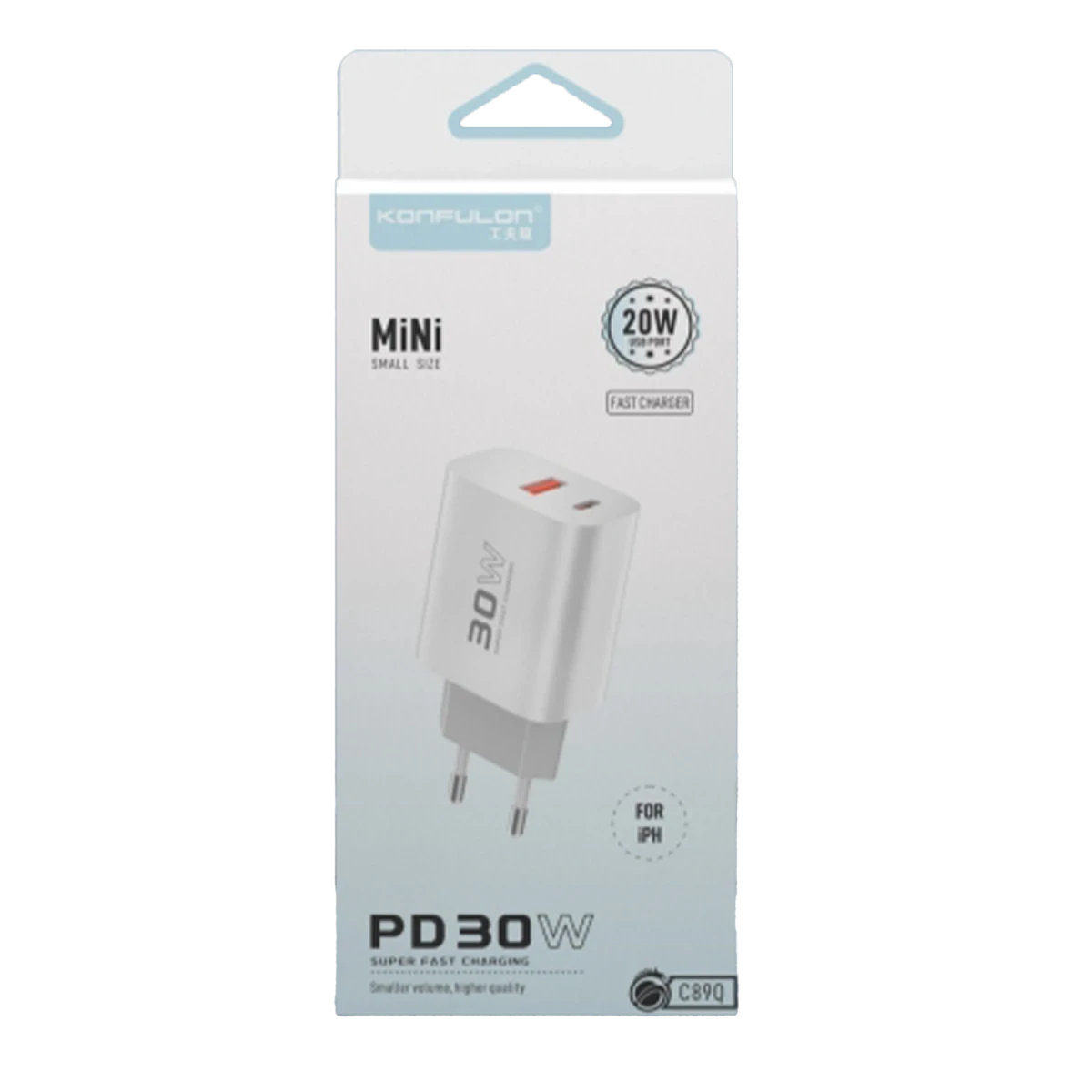 Konfulon C89Q PD Charger with 1 x 30W Type-C and 1 x 22.5W USB Output, Plus an Extra DL49 1M USB to Type-C Cable - White