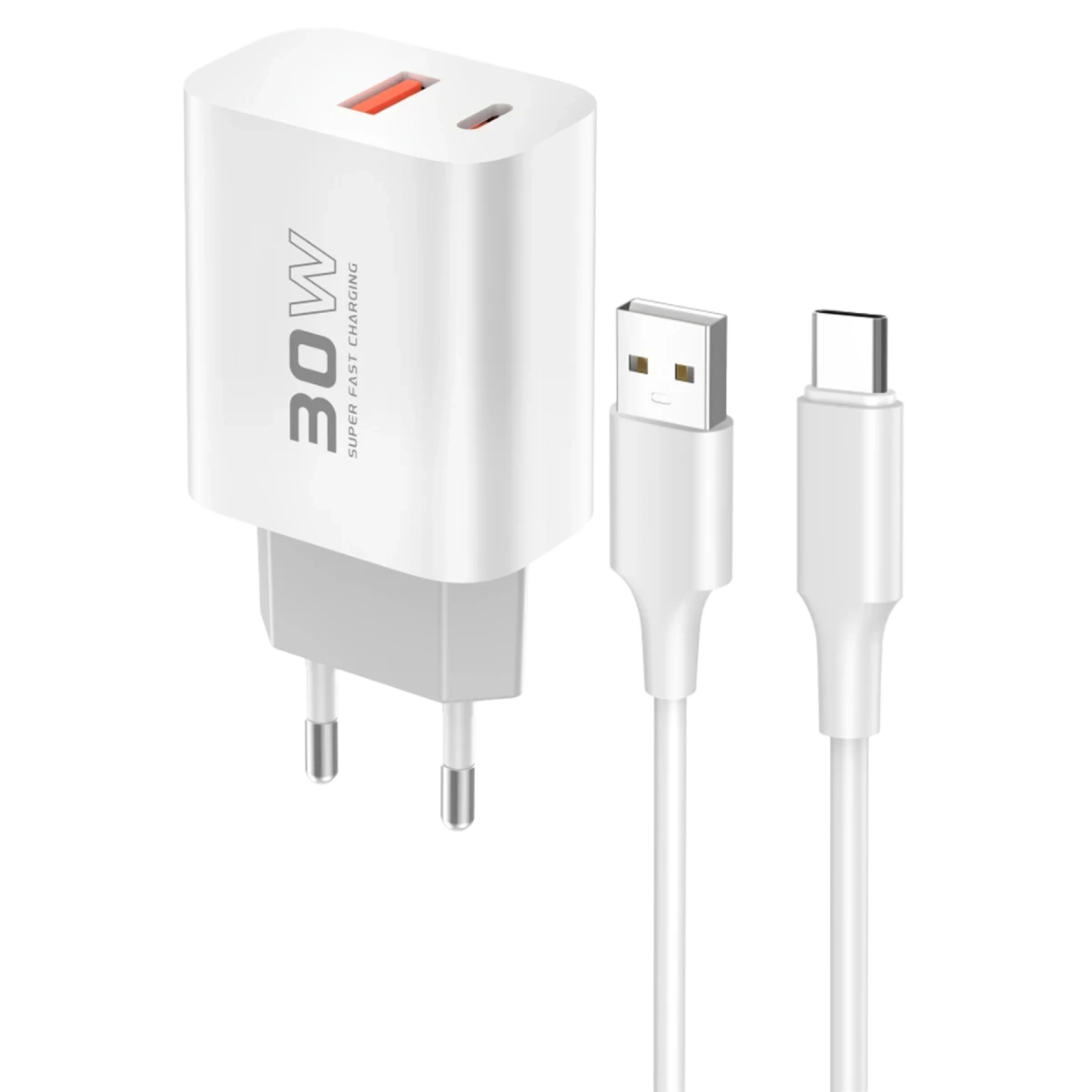Konfulon C89Q PD Charger with 1 x 30W Type-C and 1 x 22.5W USB Output, Plus an Extra DL49 1M USB to Type-C Cable - White