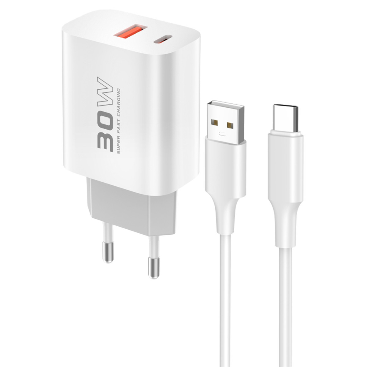 Konfulon C89Q PD Charger with 1 x 30W Type-C and 1 x 22.5W USB Output, Plus an Extra DL49 1M USB to Type-C Cable - White