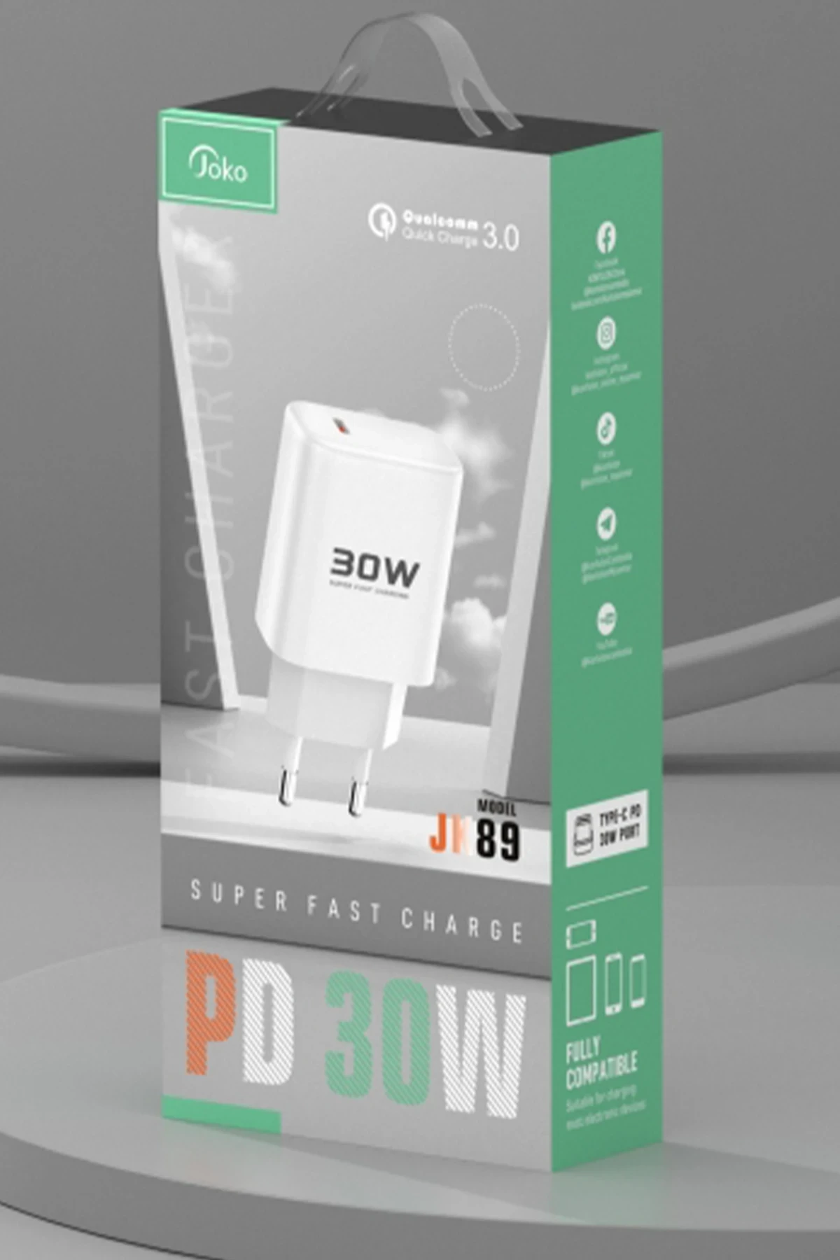 Joko JK89 30W Type-C Output PD Charger with Extra DC67 1M Type-C to Type-C Cable - White