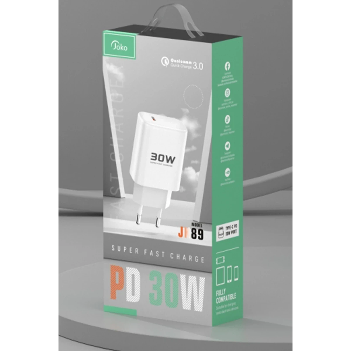 Joko JK89 30W Type-C Output PD Charger with Extra DC67 1M Type-C to Type-C Cable - White