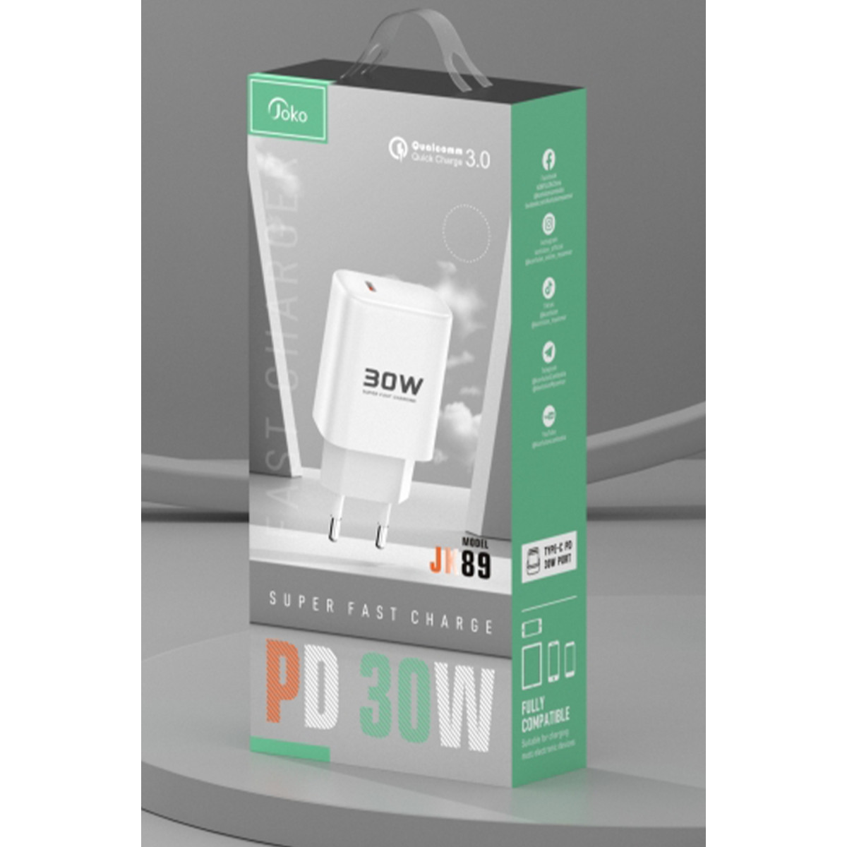 Joko JK89 30W Type-C Output PD Charger with Extra DC67 1M Type-C to Type-C Cable - White